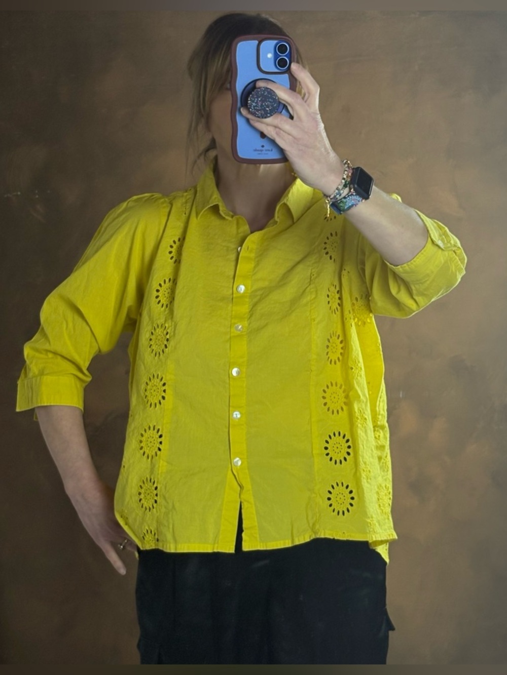 Utsa Yellow Eyelet Button-Down Shirt